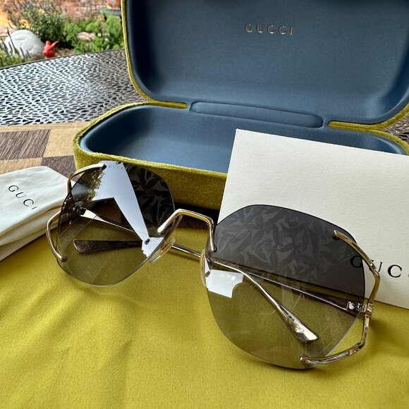 Gucci GG0651S 002 Gold/Brown Gradient 59-15-130 Sunglasses Chartreuse Case Pouch - Picture 1 of 11